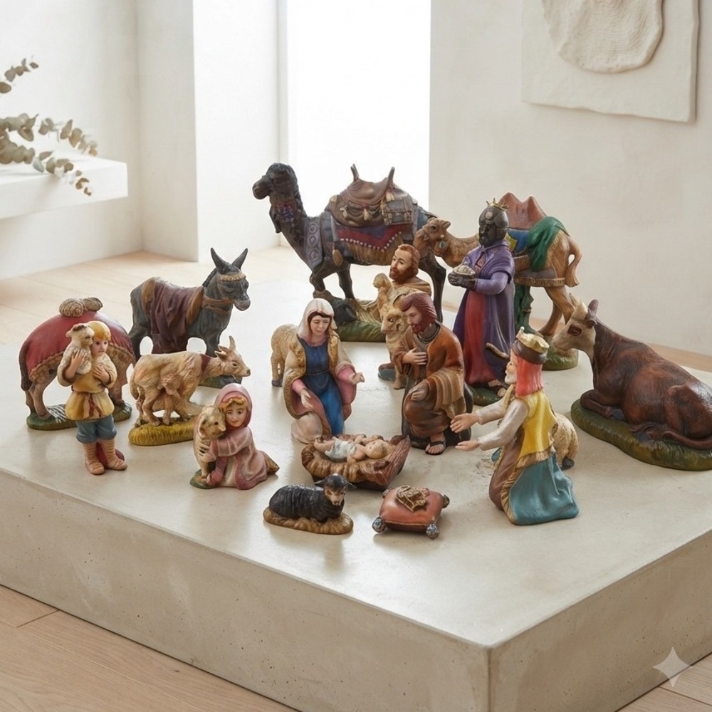 Vintage Hand Painted Nativity Set 17 Piece Christmas Manger Scene Figures